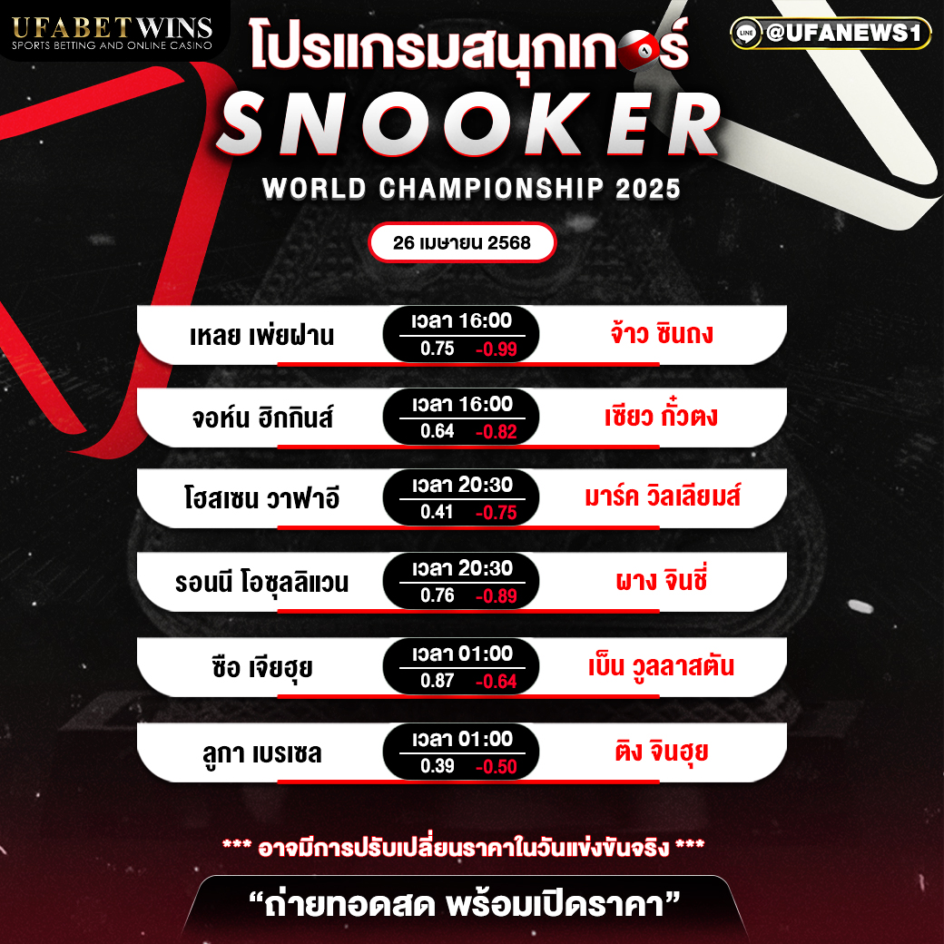โปรแกรมสนุกเกอร์ ประจำวันที่ 26 เมษายน 2568