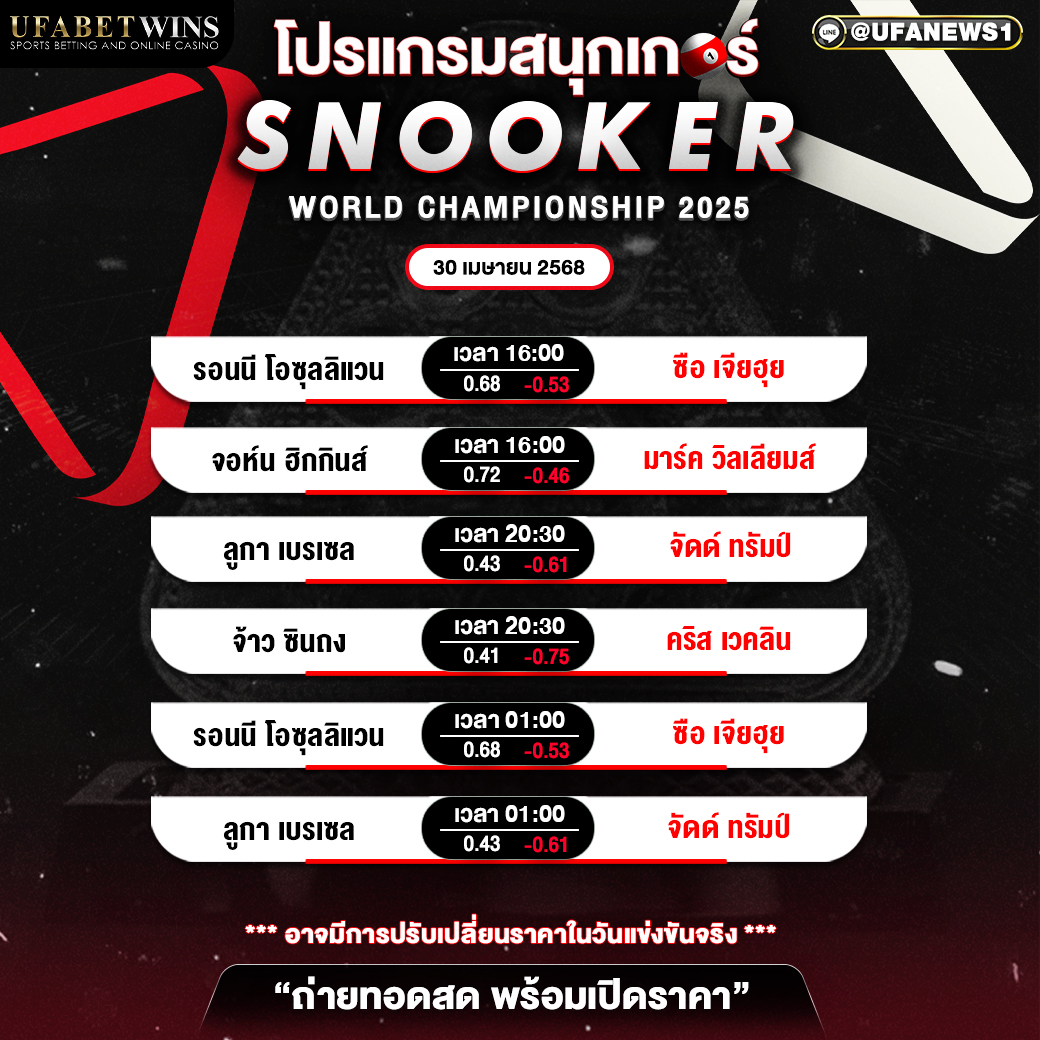 โปรแกรมสนุกเกอร์ ประจำวันที่ 30 เมษายน 2568