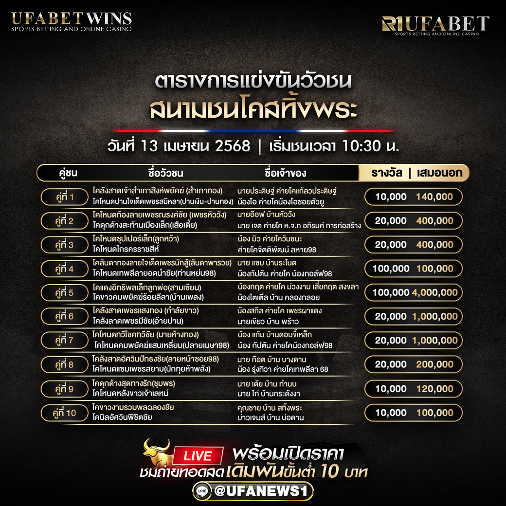 โปรแกรมวัวชน สนามชนโคสทิ้งพระ วันที่ 13 เมษายน 2568