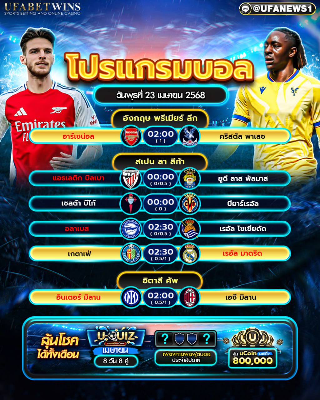 โปรแกรมฟุตบอล วันที่ 23 เมษายน 2568