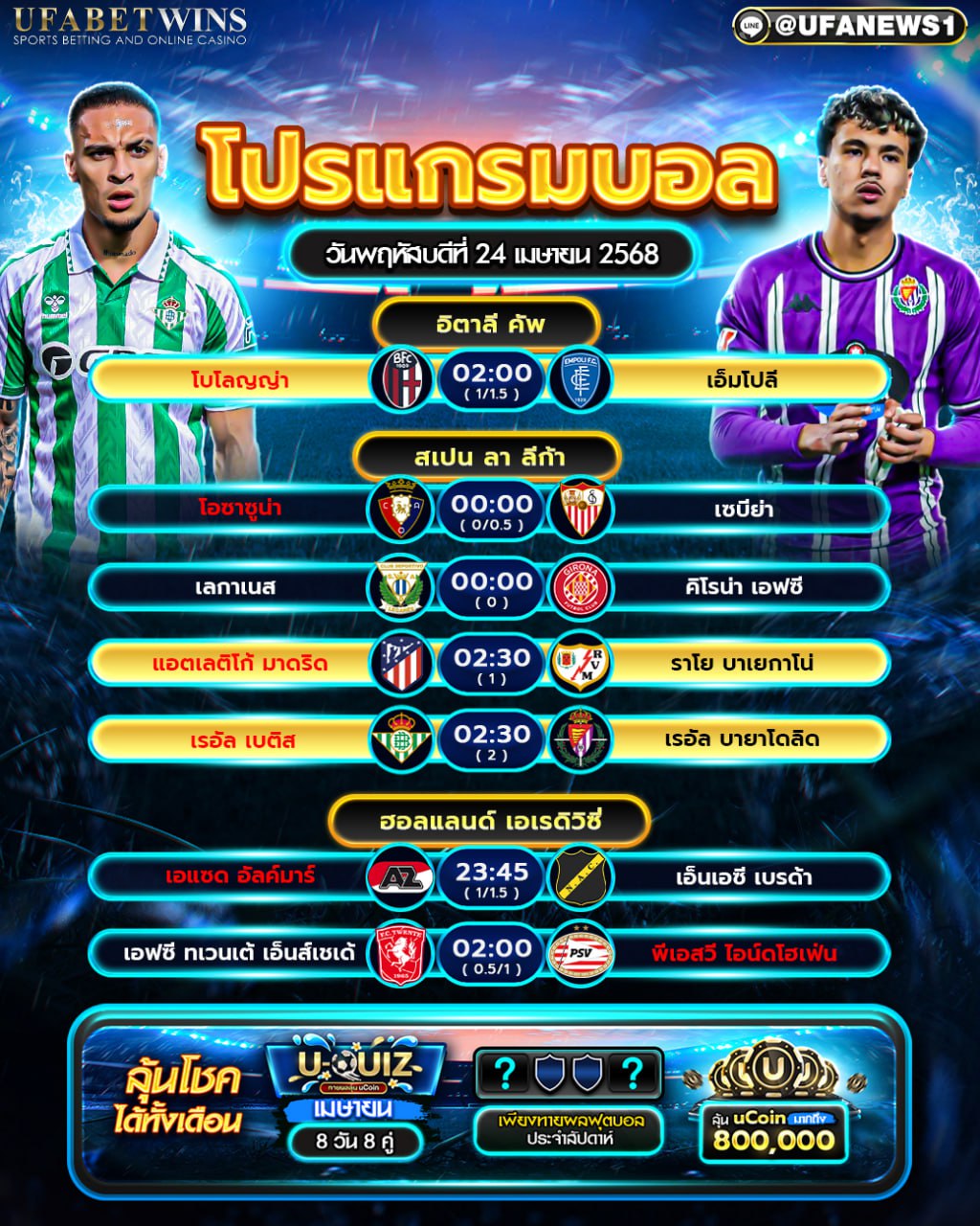 โปรแกรมฟุตบอล วันที่ 24 เมษายน 2568