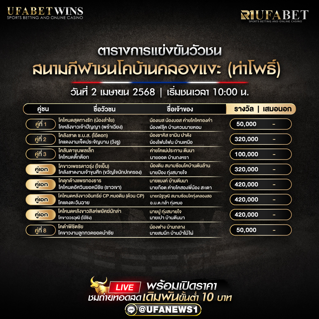 โปรแกรมวัวชน สนามกีฬาชนโคบ้านคลองแงะ วันที่ 2 เมษายน 2568