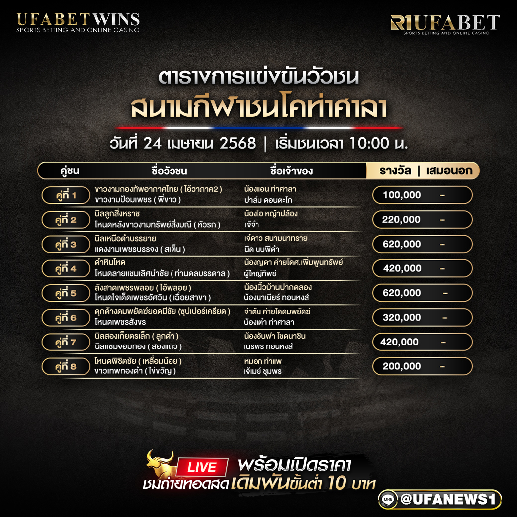 โปรแกรมวัวชน สนามกีฬาชนโคท่าศาลา วันที่ 24 เมษายน 2568