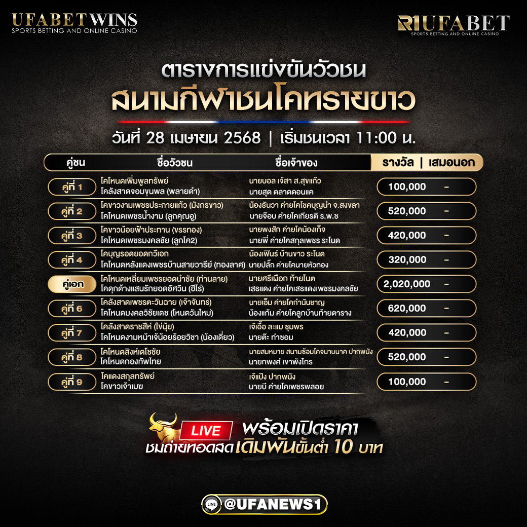 โปรแกรมวัวชน สนามกีฬาชนโคทรายขาว วันที่ 28 เมษายน 2568