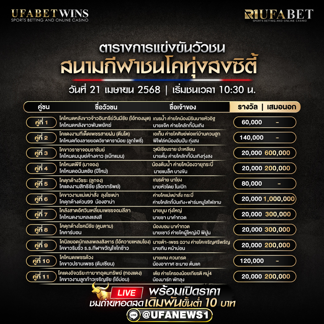 โปรแกรมวัวชน สนามกีฬาชนโคทุ่งสงซิตี้ วันที่ 21 เมษายน 2568