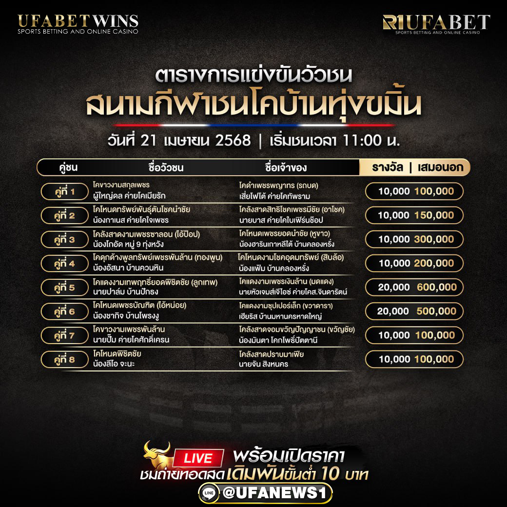 โปรแกรมวัวชน สนามกีฬาชนโคบ้านทุ่งขมิ้น วันที่ 21 เมษายน 2568