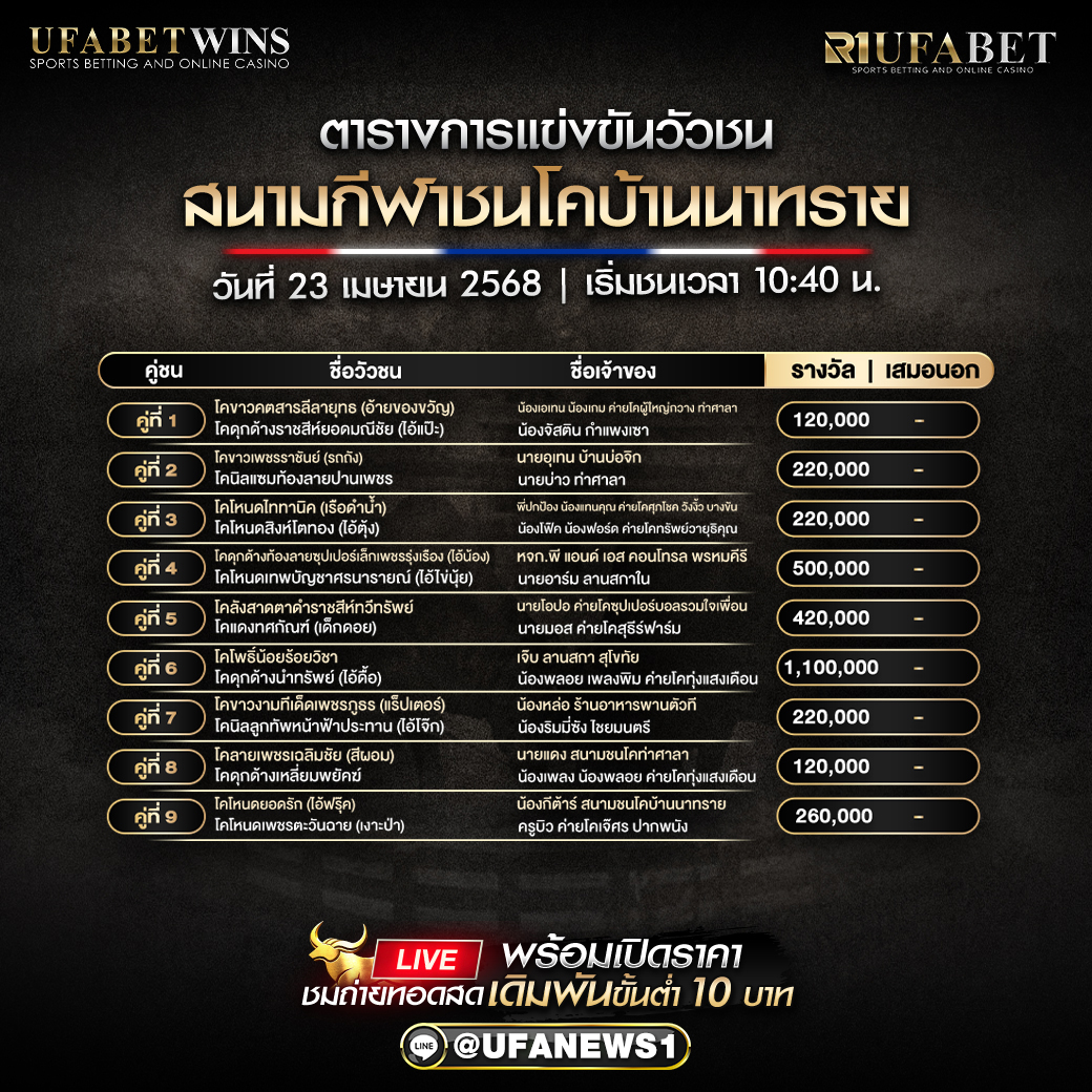 โปรแกรมวัวชน สนามกีฬาชนโคบ้านนาทราย วันที่ 23 เมษายน 2568