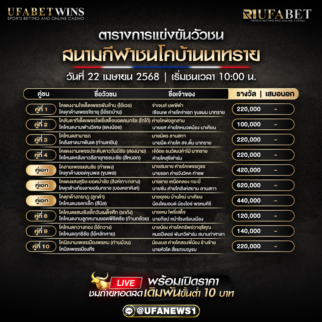 โปรแกรมวัวชน สนามกีฬาชนโคบ้านนาทราย วันที่ 22 เมษายน 2568