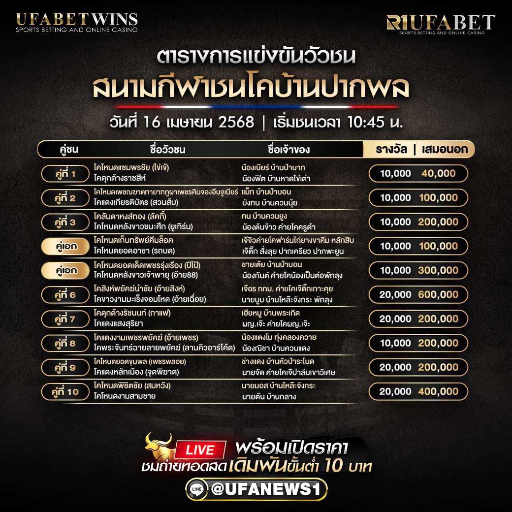 โปรแกรมวัวชน สนามกีฬาชนโคบ้านปากพล  วันที่ 16 เมษายน 2568