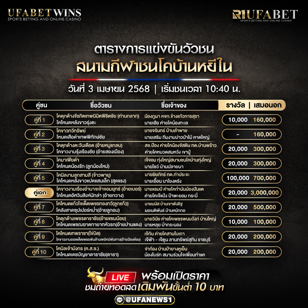 โปรแกรมวัวชน สนามกีฬาชนโคบ้านหยีใน วันที่ 3 เมษายน 2568