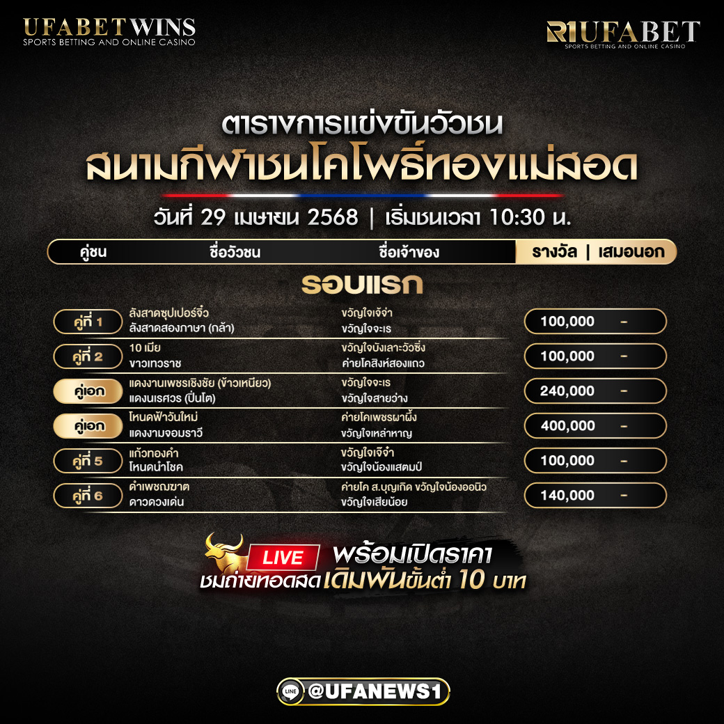 โปรแกรมวัวชน สนามกีฬาชนโคโพธิ์ทองแม่สอด1 วันที่ 29 เมษายน 2568