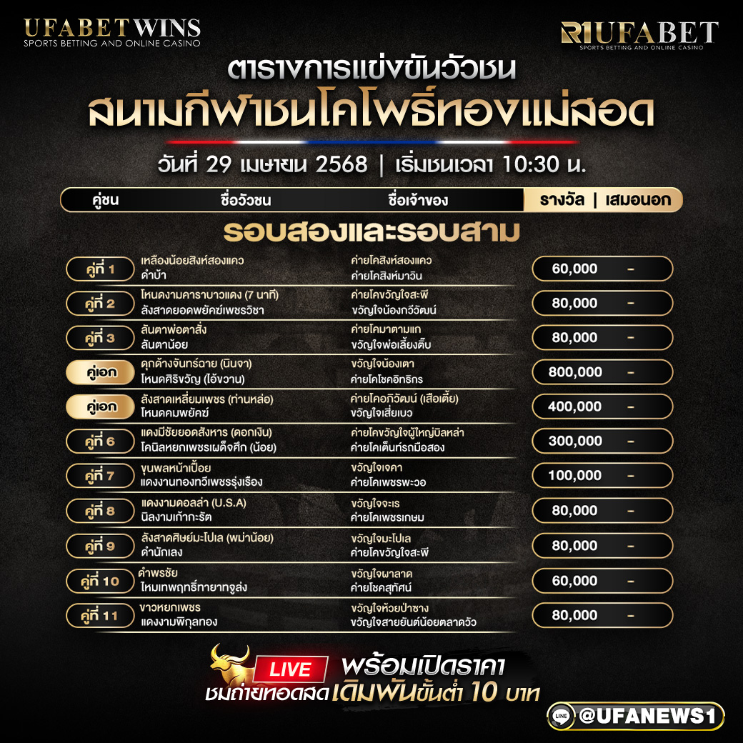 โปรแกรมวัวชน สนามกีฬาชนโคโพธิ์ทองแม่สอด2-3 วันที่ 29 เมษายน 68