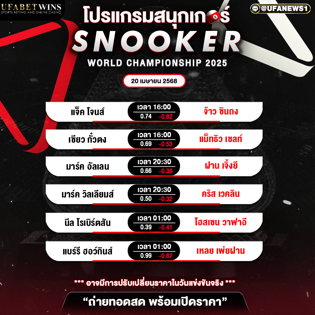 โปรแกรมสนุกเกอร์ ประจำวันที่ 20 เมษายน 2568