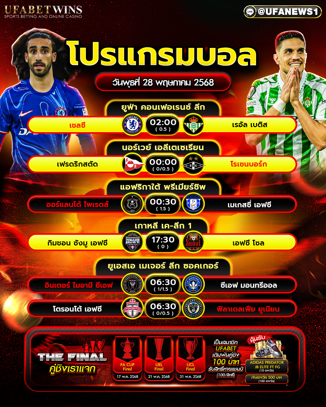 โปรแกรมฟุตบอล วันที่ 28 พฤษภาคม 2568