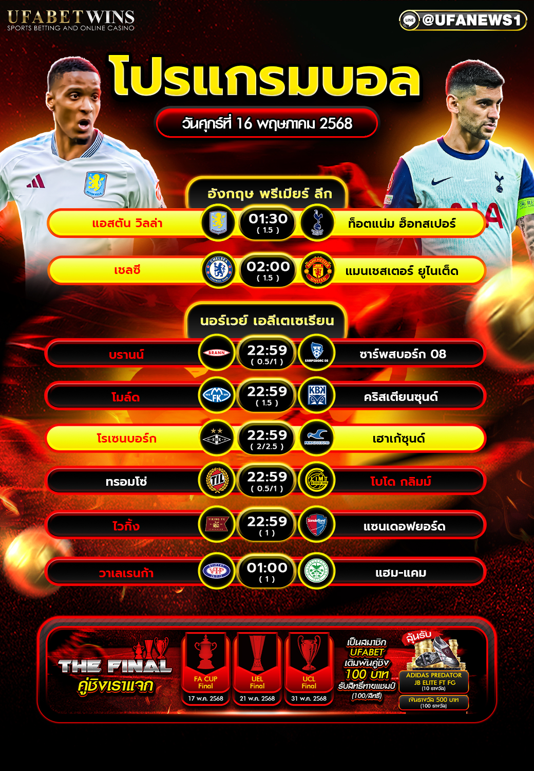 โปรแกรมฟุตบอล วันที่ 16 พฤษภาคม 2568