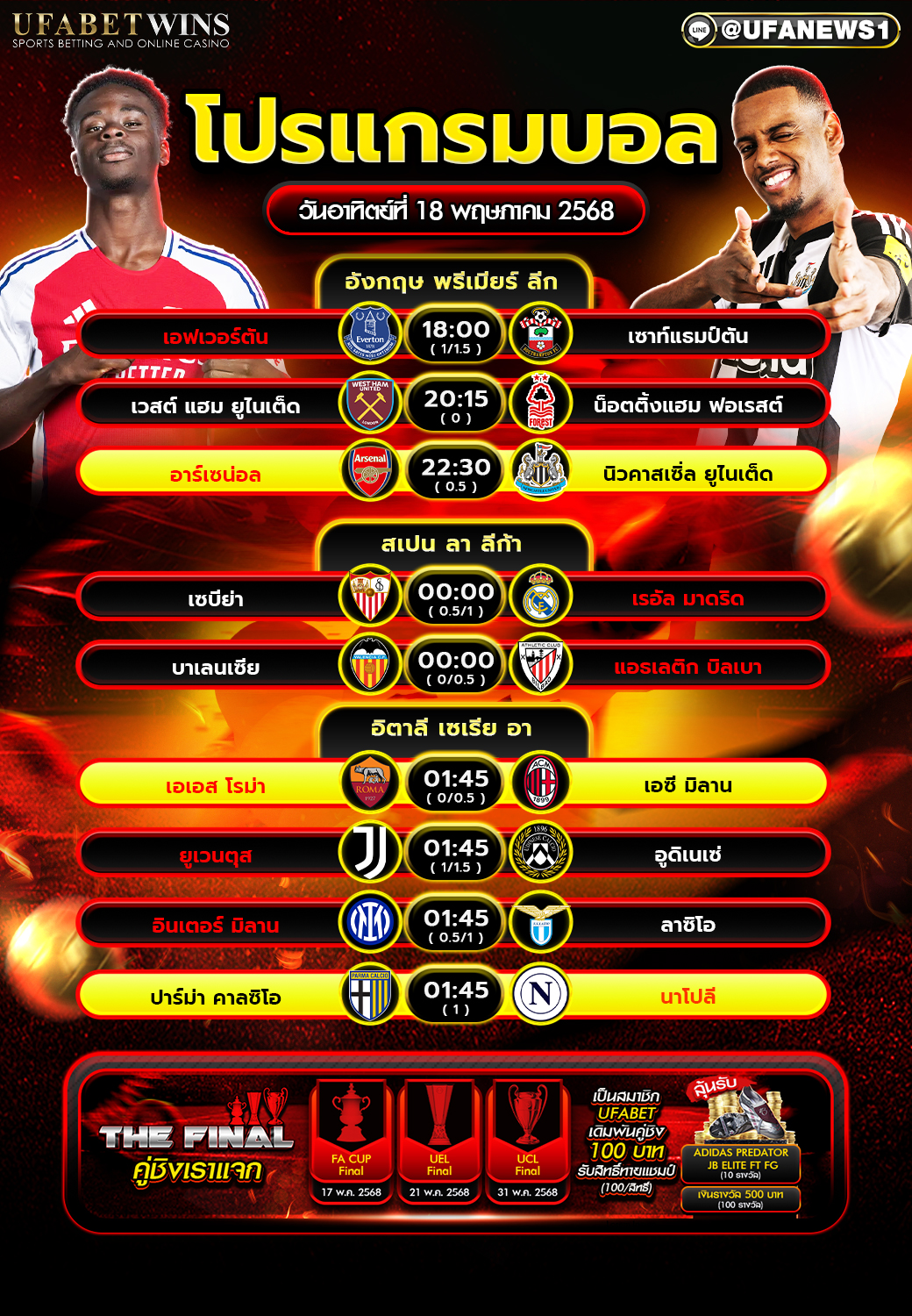 โปรแกรมฟุตบอล วันที่ 18 พฤษภาคม 2568 