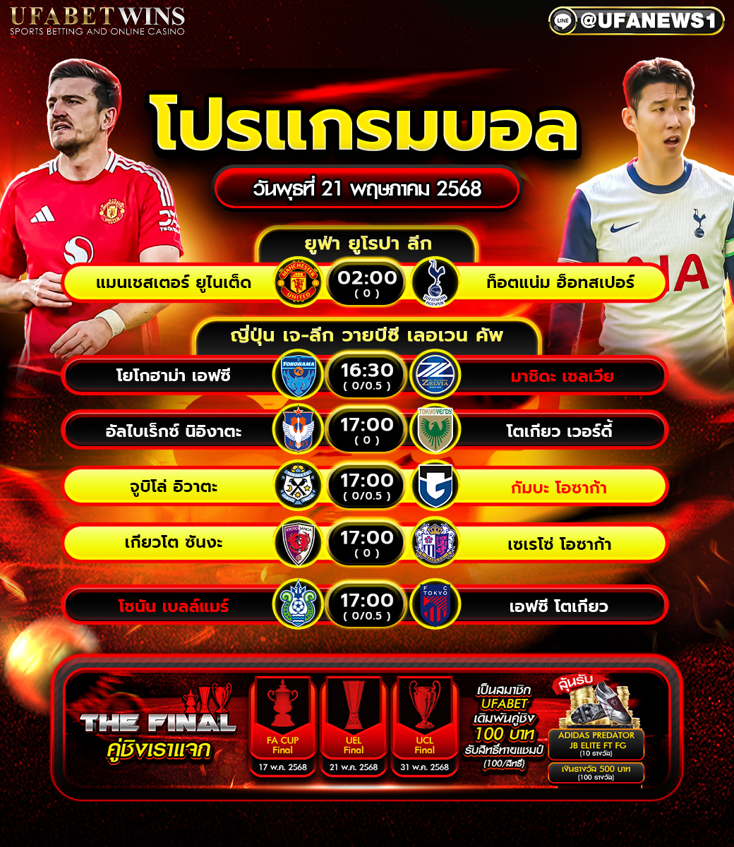 โปรแกรมฟุตบอล วันที่ 21 พฤษภาคม 2568