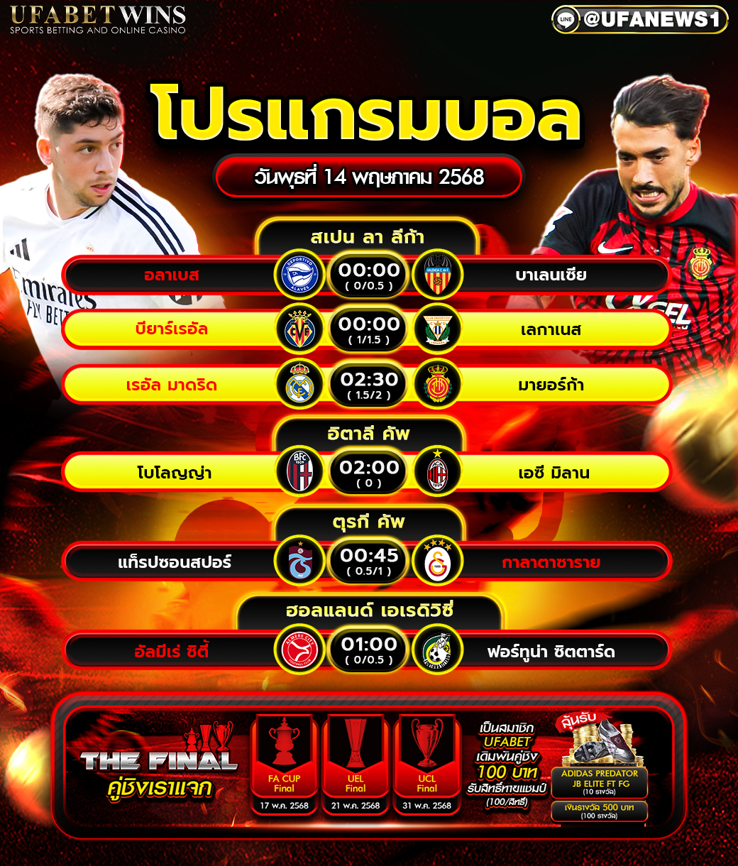 โปรแกรมฟุตบอล วันที่ 14 พฤษภาคม 2568