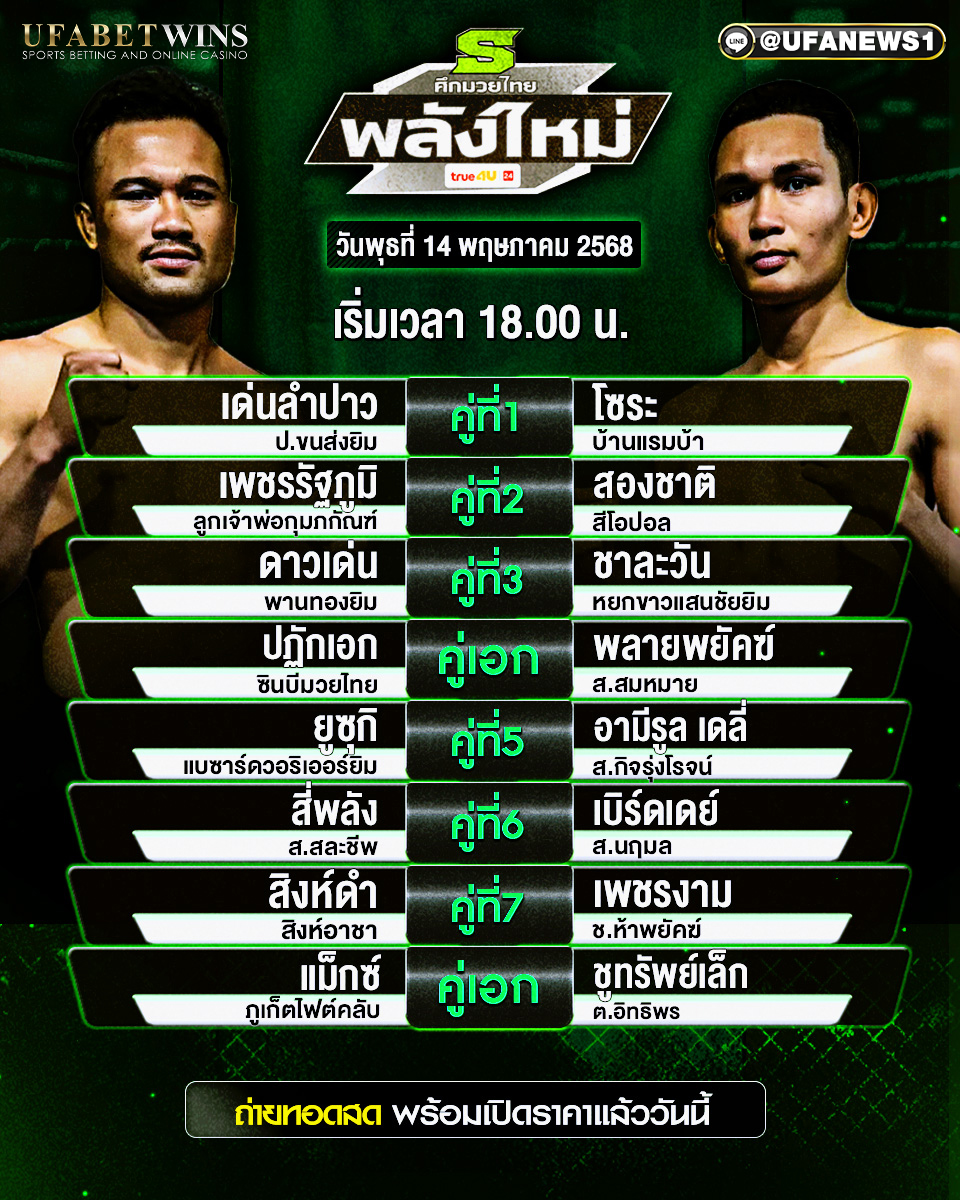 มวยวันนี้ ศึกมวยไทยพลังใหม่ 14/05/68 