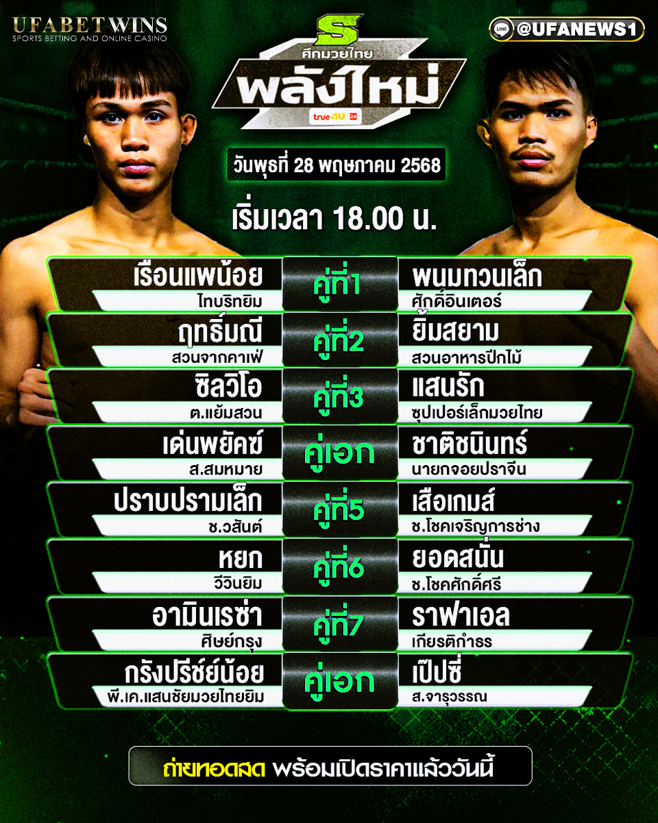 มวยวันนี้ ศึกมวยไทยพลังใหม่ ประจำวันที่ 28 พฤษภาคม 2568
