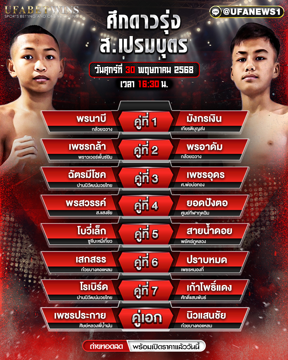 มวยวันนี้ ศึก ส.เปรมบุตร ประจำวันที่ 30 พฤษภาคม 2568