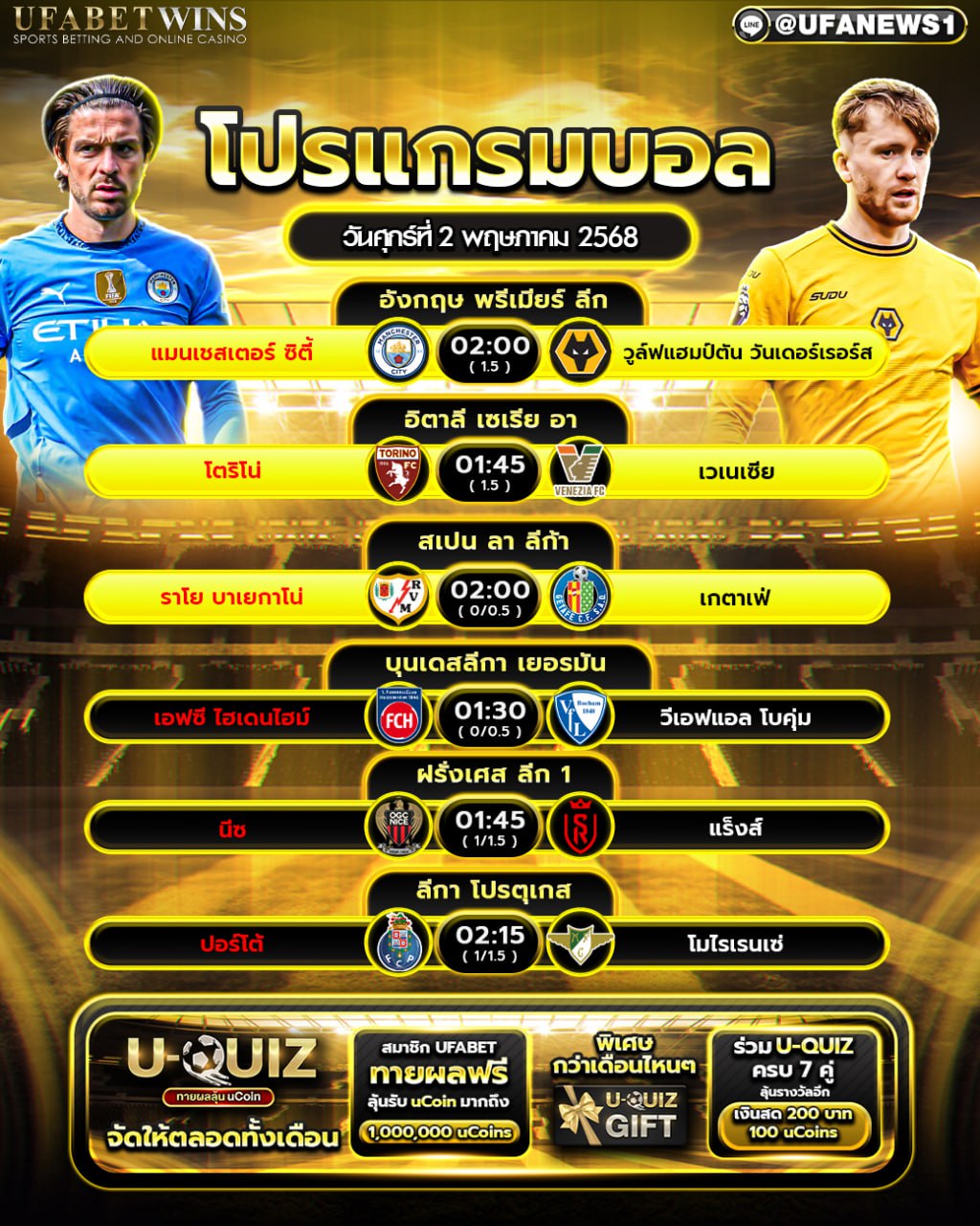 โปรแกรมฟุตบอล วันนที่ 2 พฤษภาคม 2568