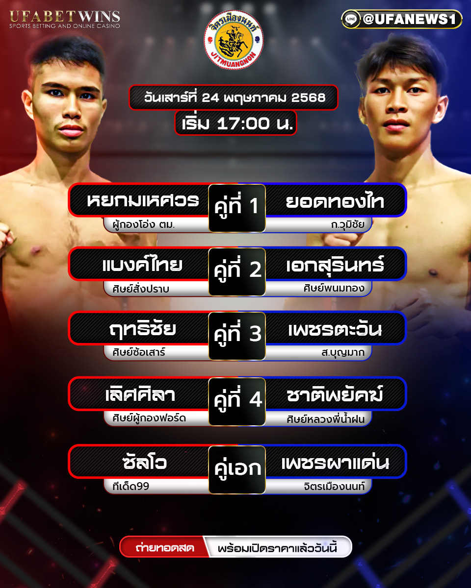 มวยวันนี้ ศึกจิตรเมืองนนท์ ประจำวันที่ 24 พฤษภาคม 2568