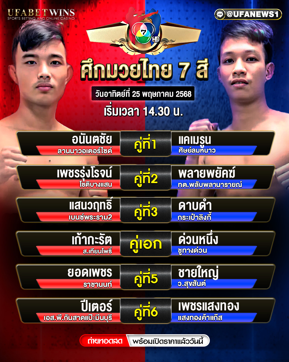 มวยวันนี้ ศึกมวยไทย 7 สี ประจำวันที่ 25 พฤษภาคม 2568