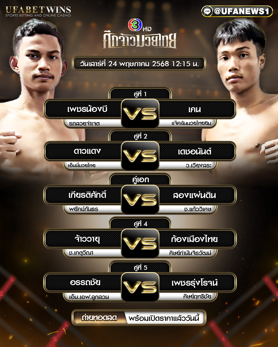 มวยวันนี้ ศึกจ้าวมวยไทย ประจำวันที่ 24 พฤษภาคม 2568