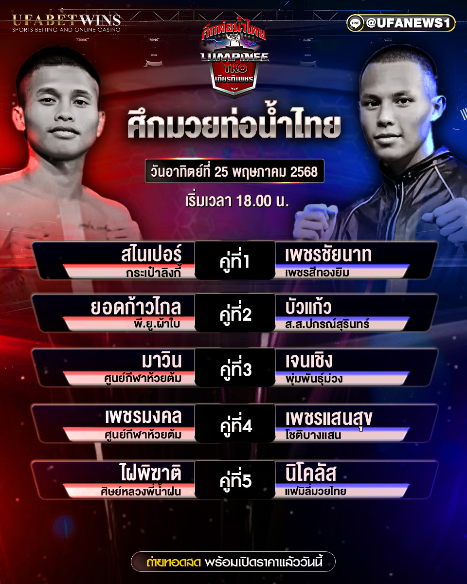 มวยวันนี้ ศึกท่อน้ำไทย TKO เกียรติเพชร ประจำวันที่ 25 พฤษภาคม 2568