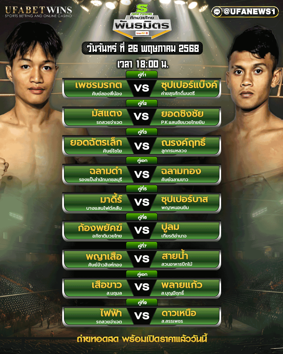 มวยวันนี้ ศึกมวยไทยพันธมิตร ประจำวันที่ 26 พฤษภาคม 2568