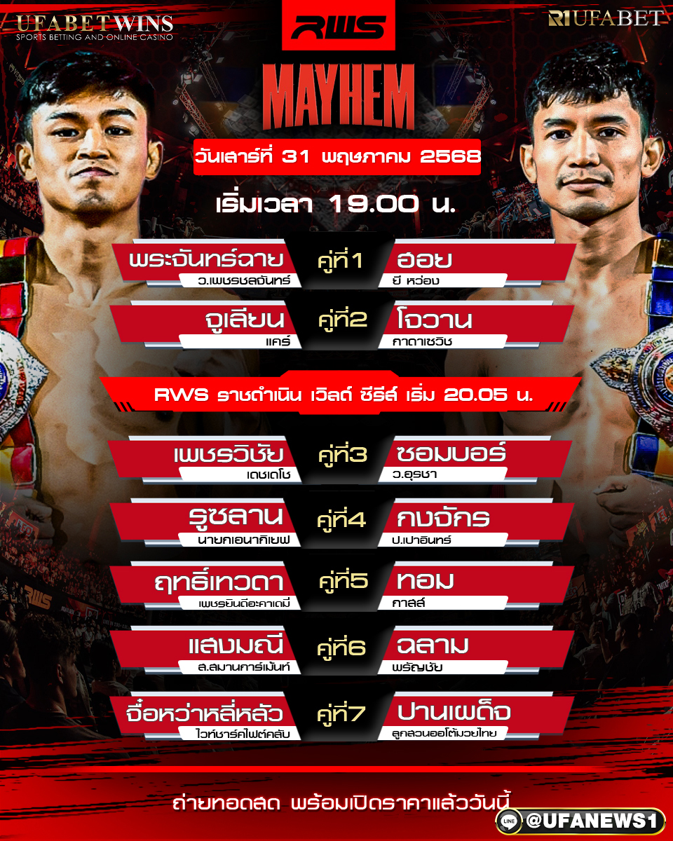 มวยวันนี้ ศึกราชดำเนิน เวิลด์ ซีรี่ ประจำวันที่ 31 พฤษภาคม 2568