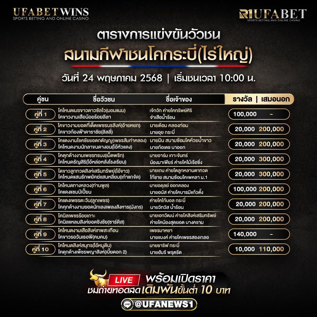 โปรแกรมวัวชน สนามกีฬาชนโคกระบี่(ไร่ใหญ่) วันที่ 24/05/2568