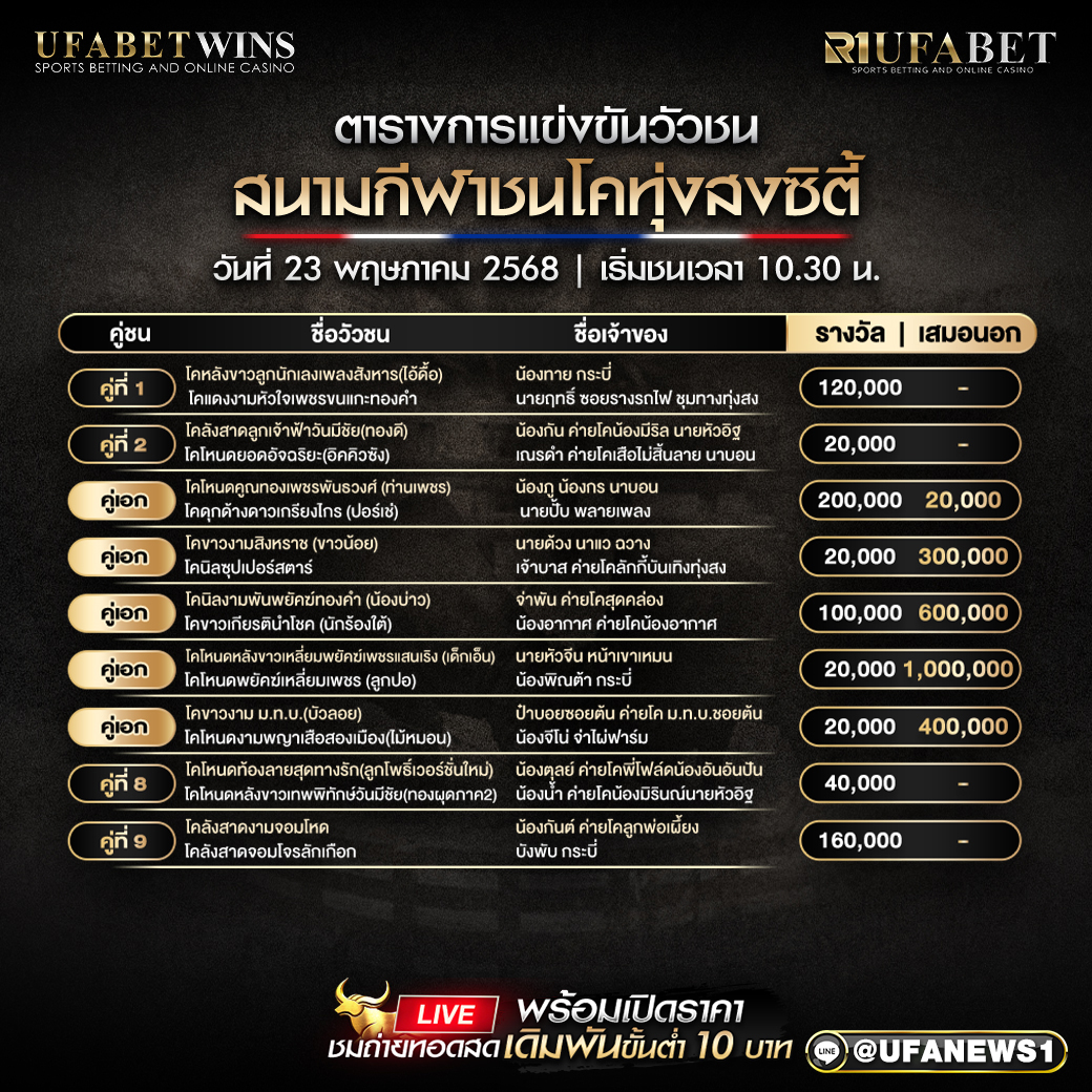 โปรแกรมวัวชน สนามกีฬาชนโคทุ่งสงซิตี้ วันที่ 23/05/2568