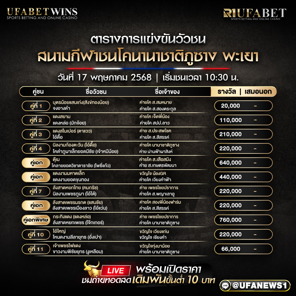 โปรแกรมวัวชน สนามกีฬาชนโคนานาชาติภูซาง พะเยา วันที่ 17/05/2568