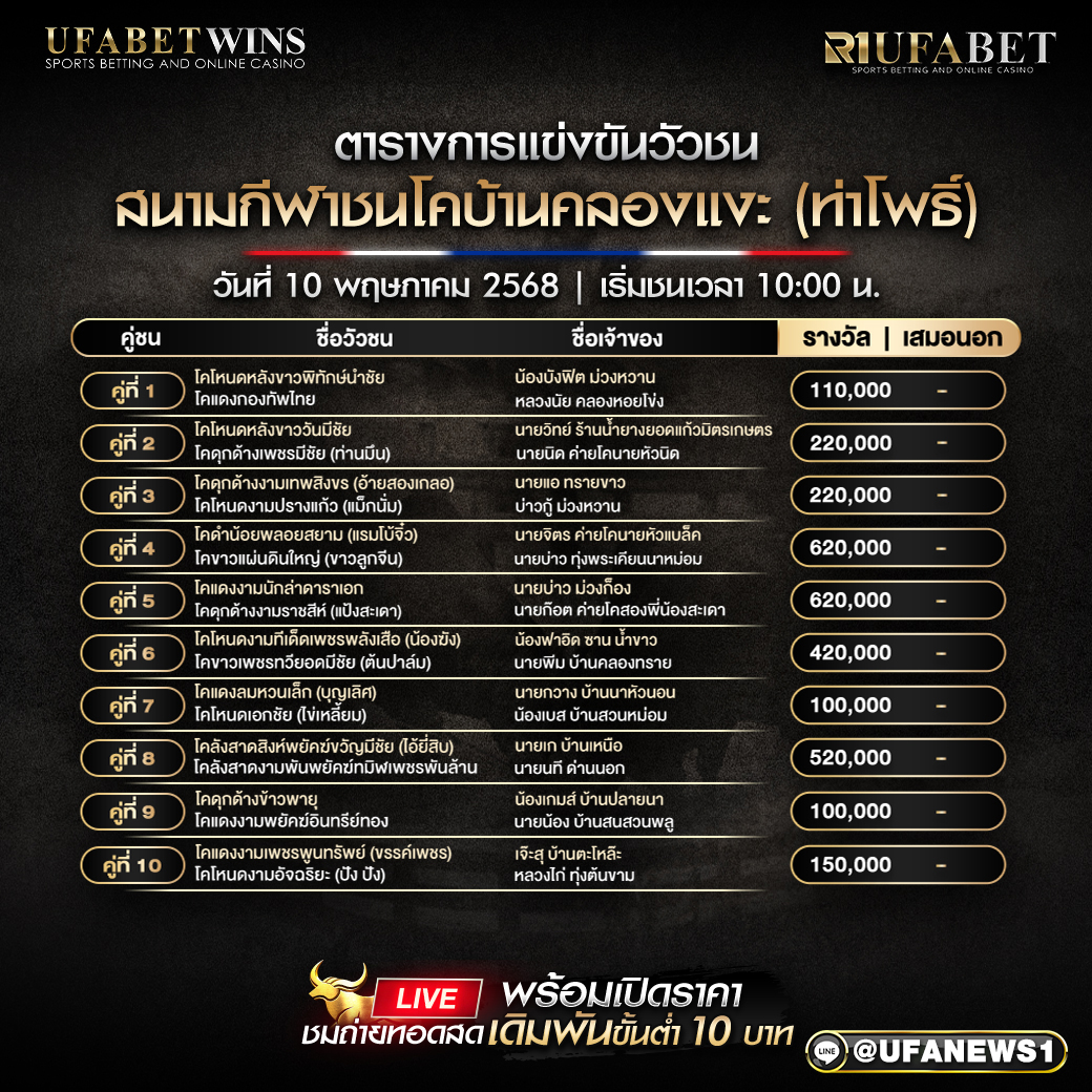 โปรแกรมวัวชน สนามกีฬาชนโคบ้านคลองแงะ วันที่ 10 พฤษภาคม 2568