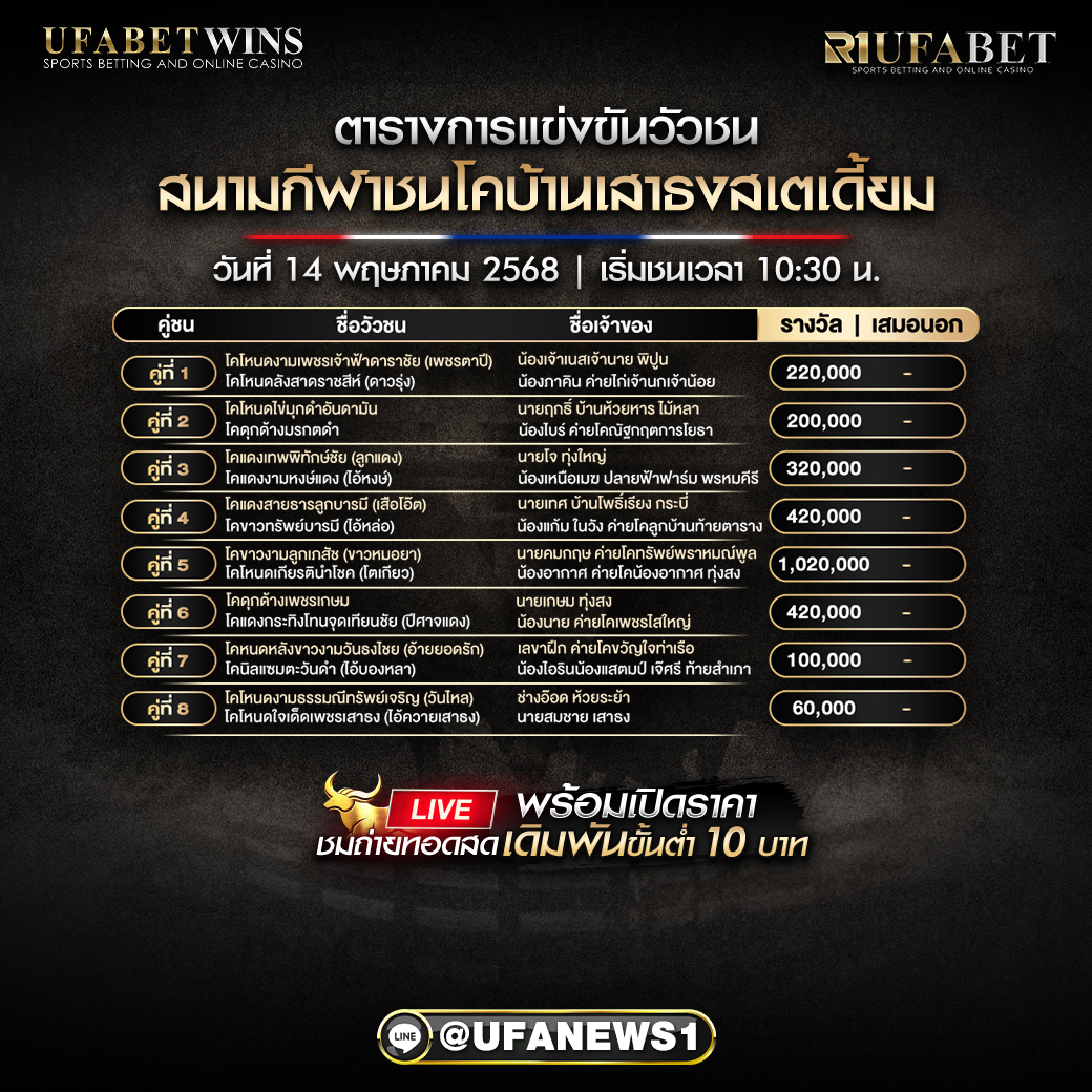 โปรแกรมวัวชน สนามกีฬาชนโคบ้านเสาธงสเตเดี้ยม วันที่ 14/5/2568