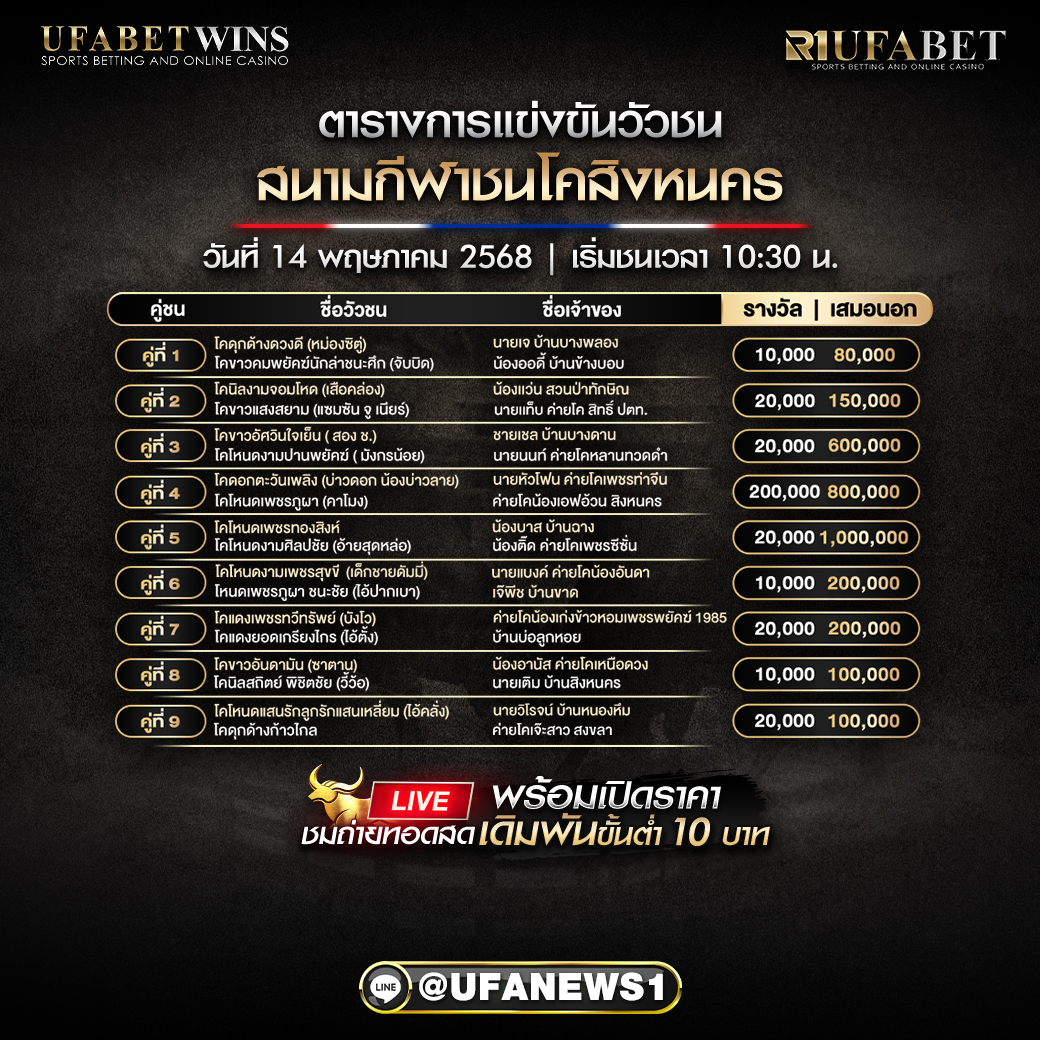 โปรแกรมวัวชน สนามกีฬาชนโคสิงหนคร วันที่ 14 พฤษภาคม 2568