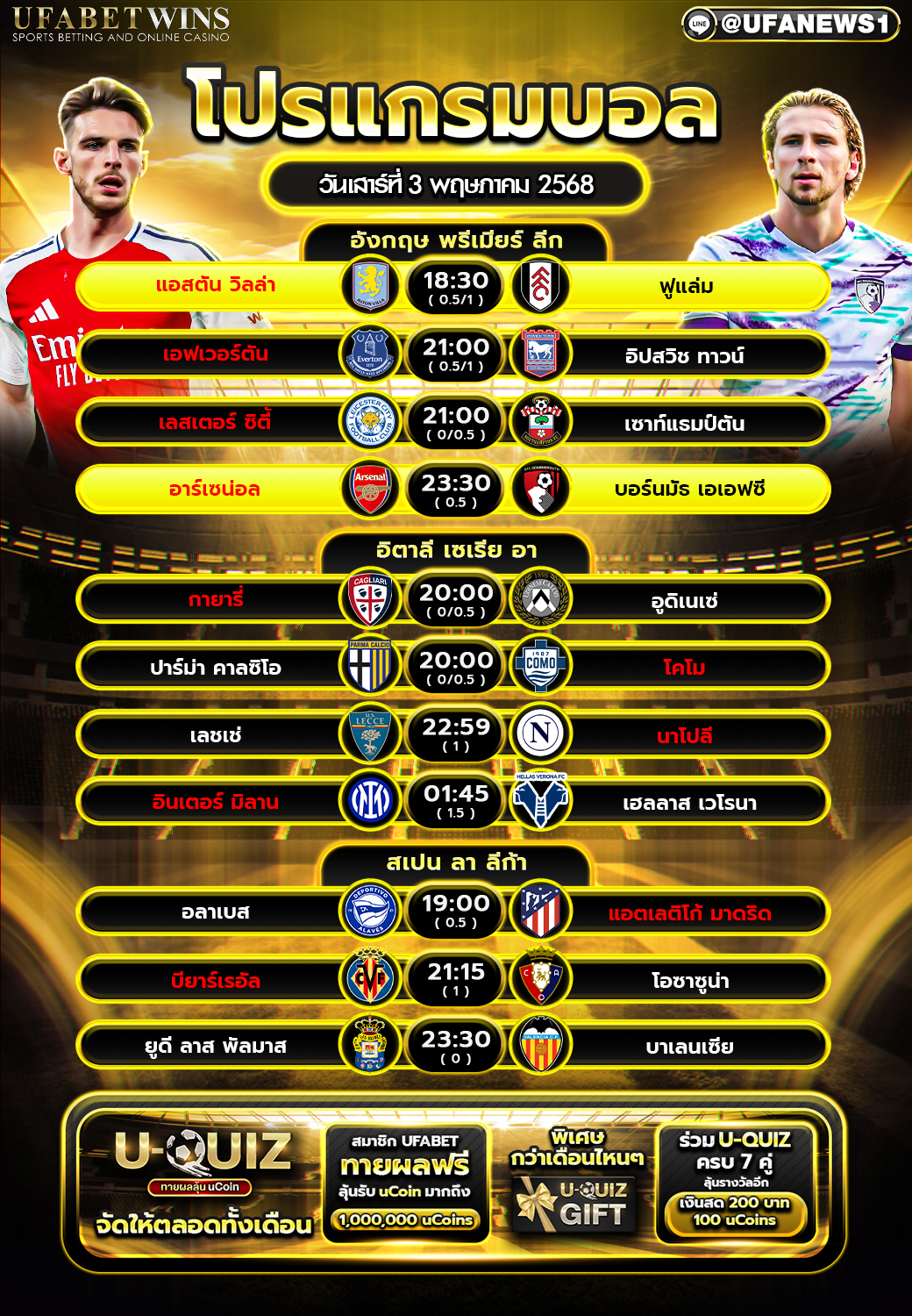 โปรแกรมฟุตบอล วันนที่ 3 พฤษภาคม 2568