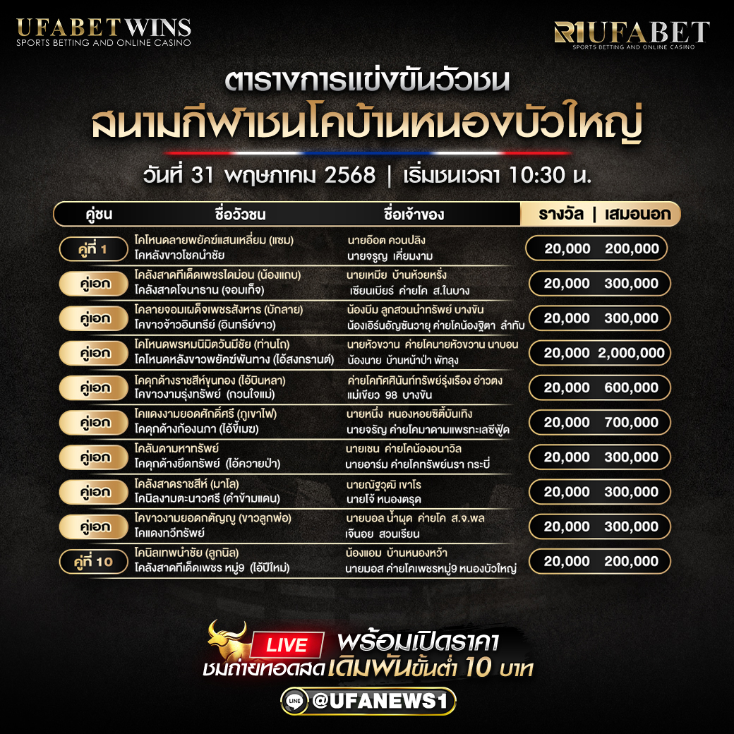 โปรแกรมวัวชน สนามกีฬาชนโคบ้านหนองบัวใหญ่ วันที่ 31/05/2568