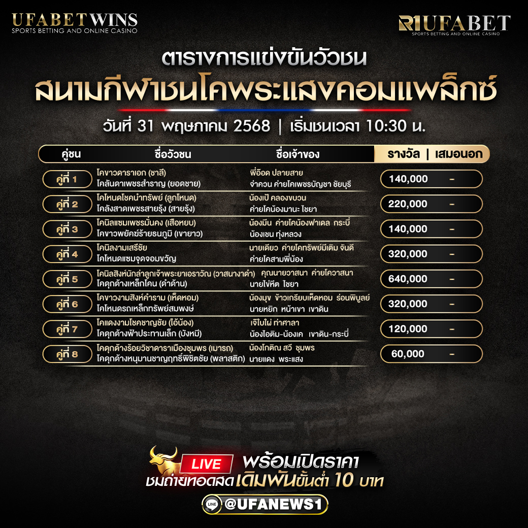โปรแกรมวัวชน สนามกีฬาชนโคพระแสงคอมแพล็กซ์ วันที่ 31/05/2568