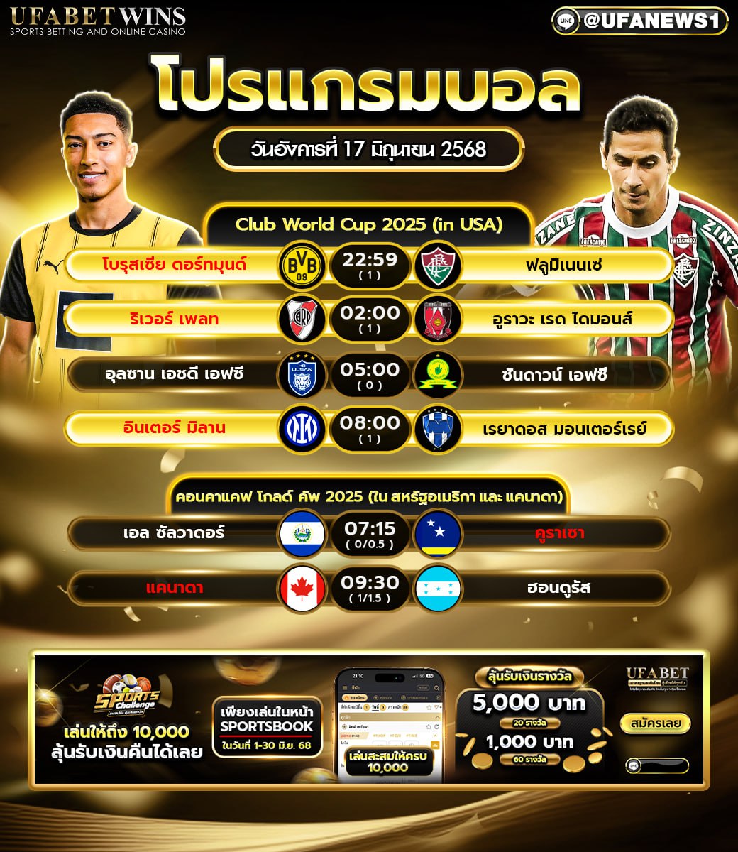 โปรแกรมฟุตบอล วันที่ 17 มิถุนายน 2568