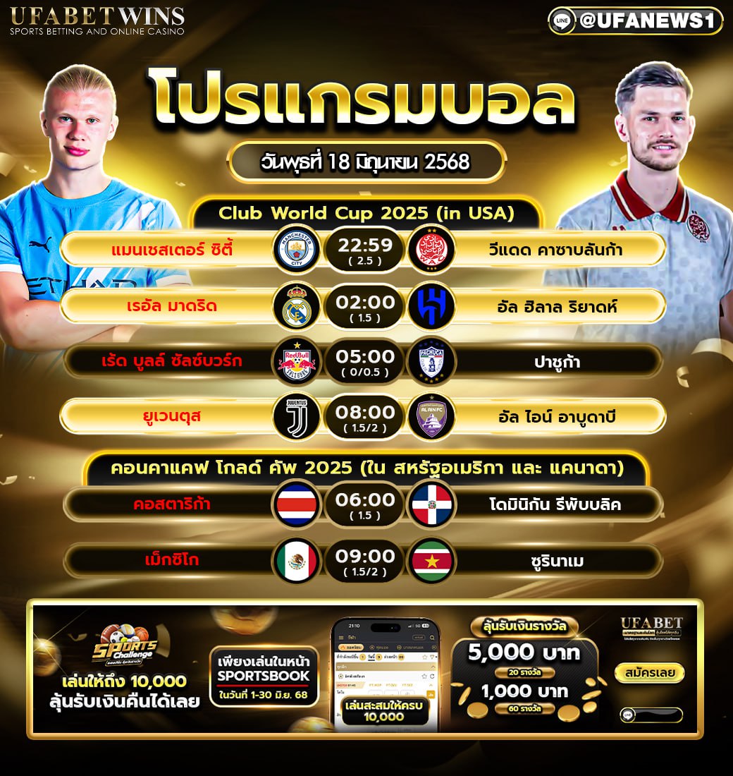 โปรแกรมฟุตบอล วันที่ 18 มิถุนายน 2568