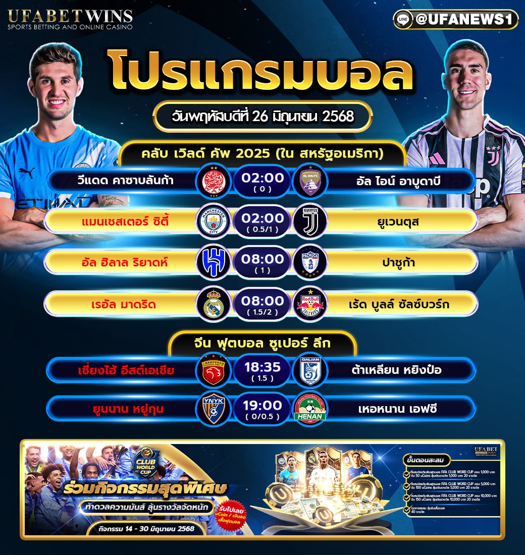 โปรแกรมฟุตบอล วันที่ 26 มิถุนายน 2568