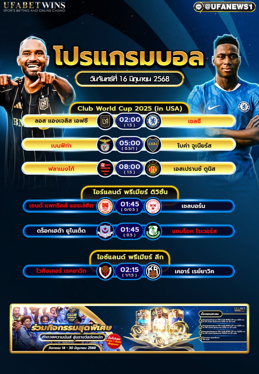 โปรแกรมฟุตบอล วันที่ 16 มิถุนายน 2568