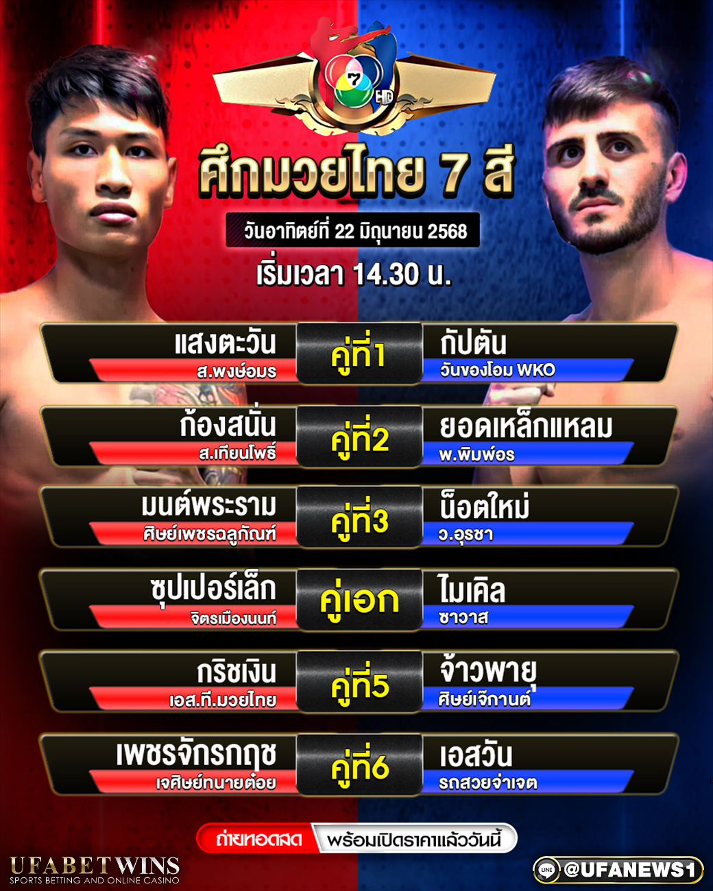 มวยวันนี้ ศึกมวยไทย 7 สี 22/06/68