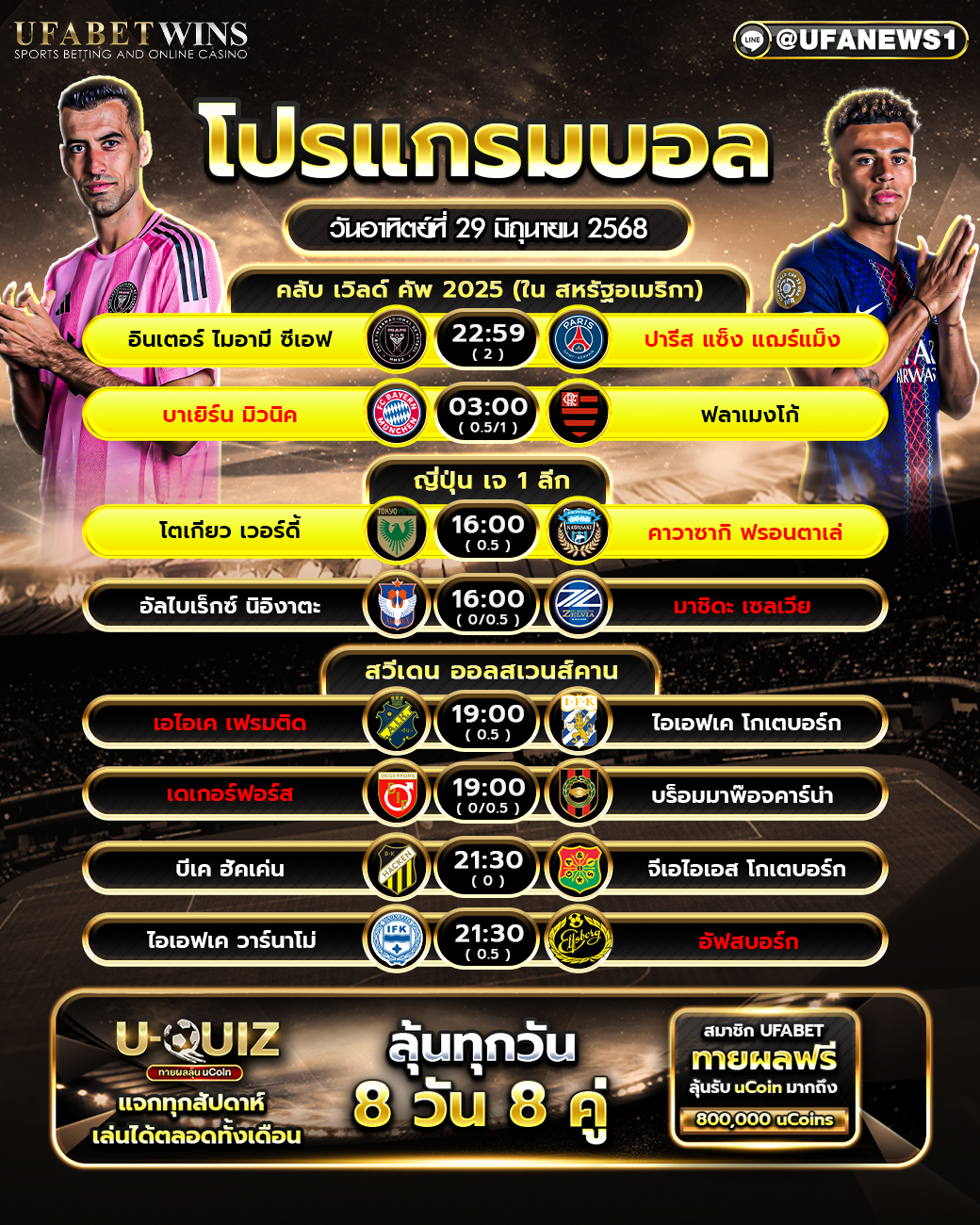 โปรแกรมฟุตบอล วันที่ 29 มิถุนายน 2568
