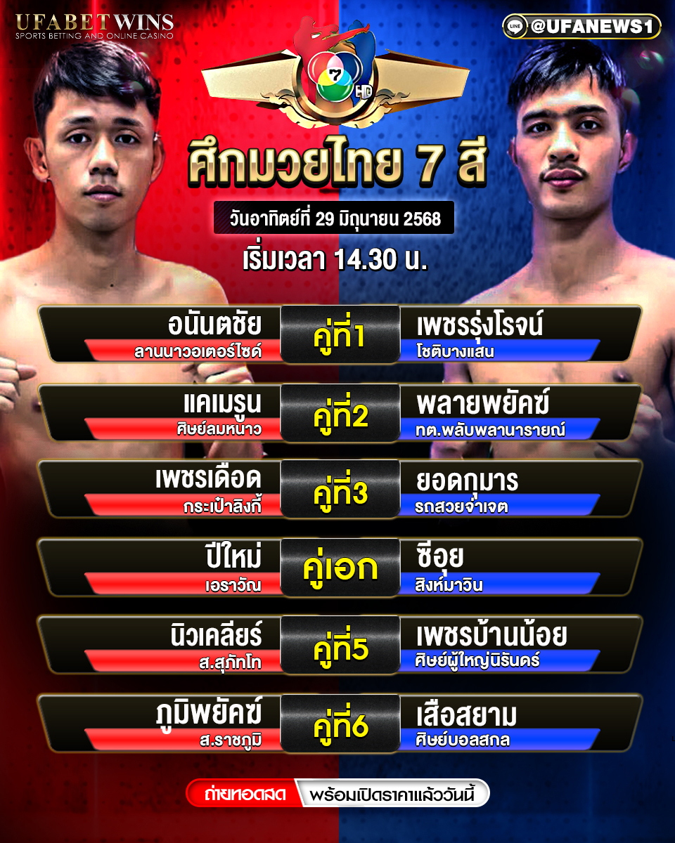 มวยวันนี้ ศึกมวยไทย 7 สี 29/06/68