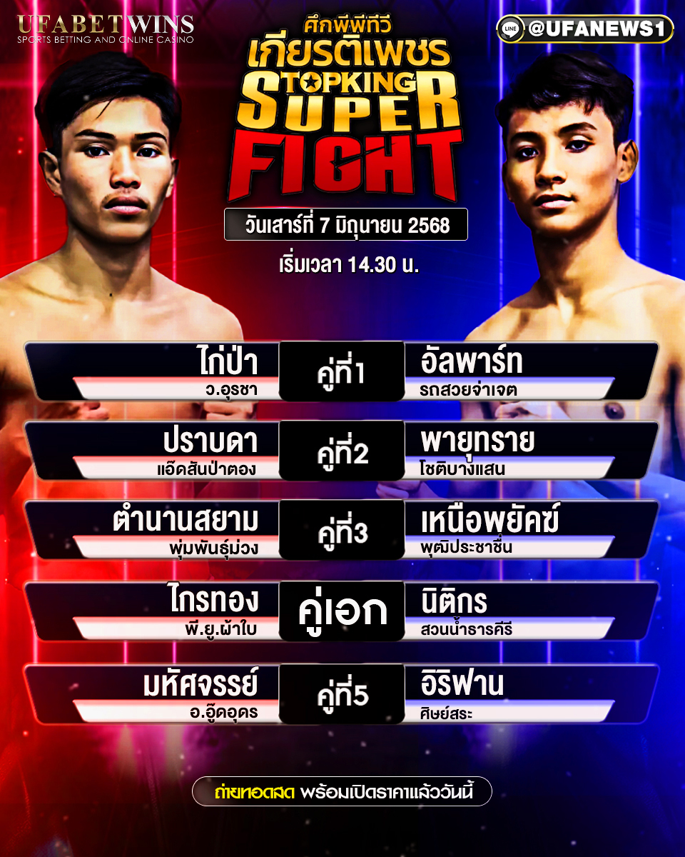 มวยวันนี้ ศึกมวยไทยเกียรติเพชร ประจำวันที่ 7 มิถุนายน 2568