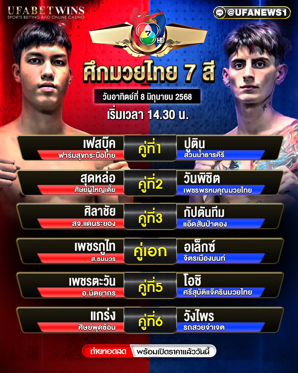 มวยวันนี้ ศึกมวยไทย 7 สี ประจำวันที่ 8 มิถุนายน 2568